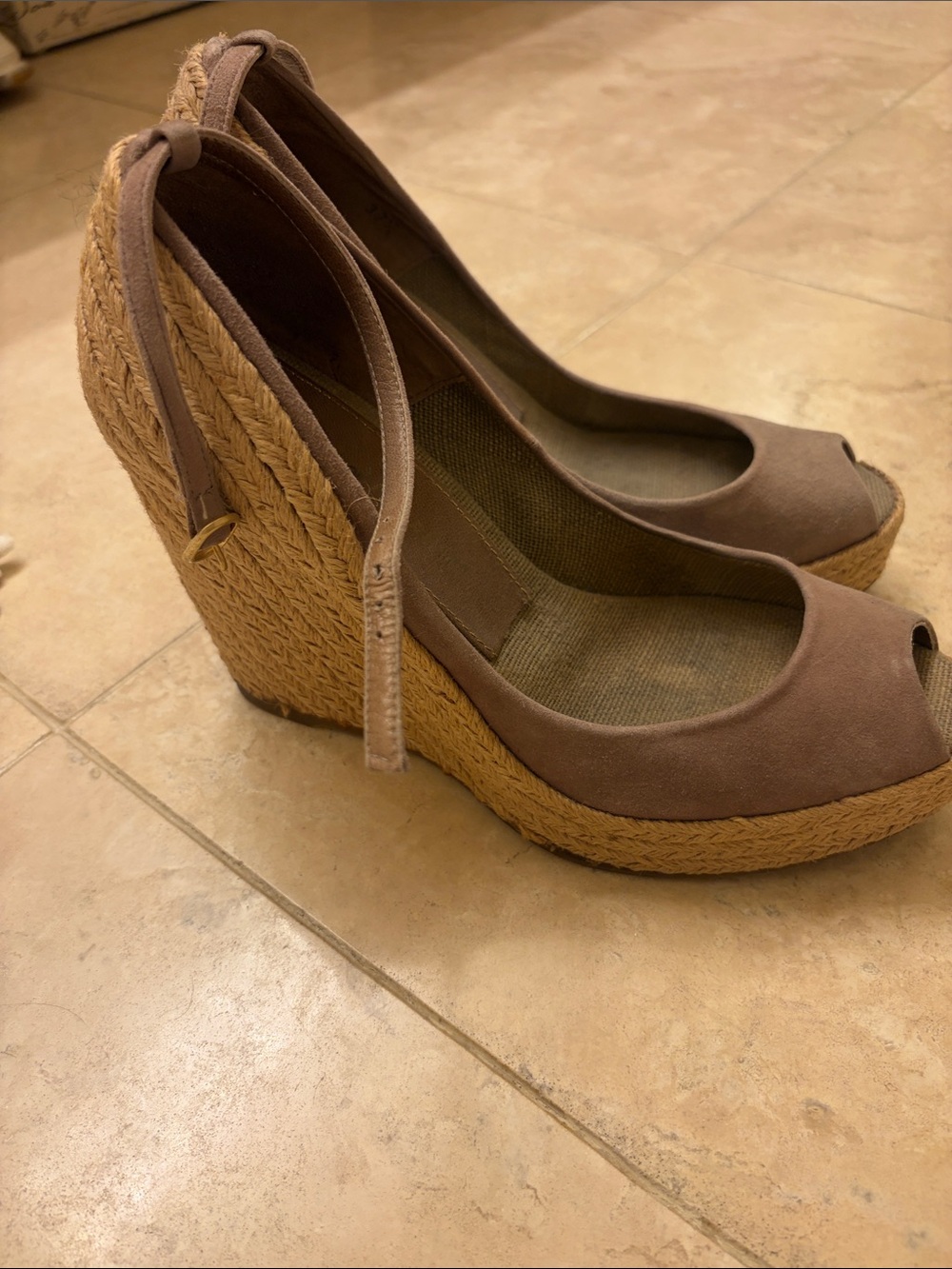 Peep-Toe Espadrille Wedges in Taupe with Ankle Tie